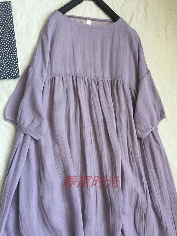 2024 Women Summer Cotton And Linen Pleated Double Layered Robe Casual Loose Half Sleeve Dress Ladies Holiday Clothes