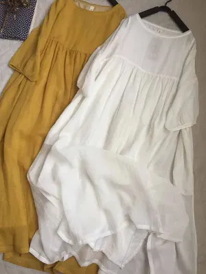 2024 Women Summer Cotton And Linen Pleated Double Layered Robe Casual Loose Half Sleeve Dress Ladies Holiday Clothes