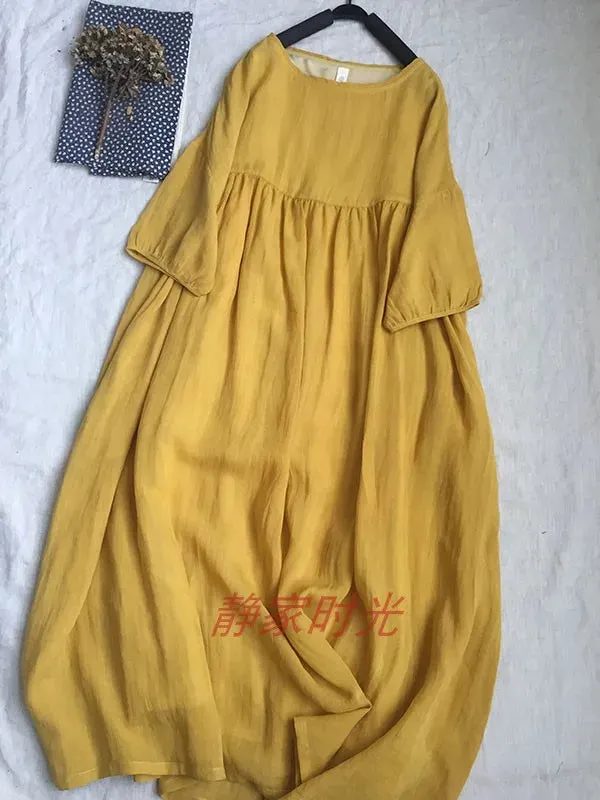 2024 Women Summer Cotton And Linen Pleated Double Layered Robe Casual Loose Half Sleeve Dress Ladies Holiday Clothes
