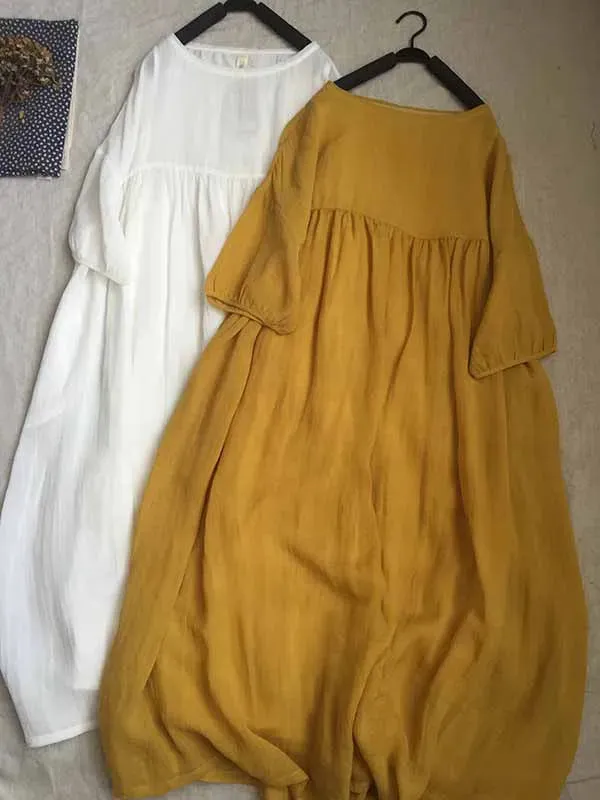 2024 Women Summer Cotton And Linen Pleated Double Layered Robe Casual Loose Half Sleeve Dress Ladies Holiday Clothes