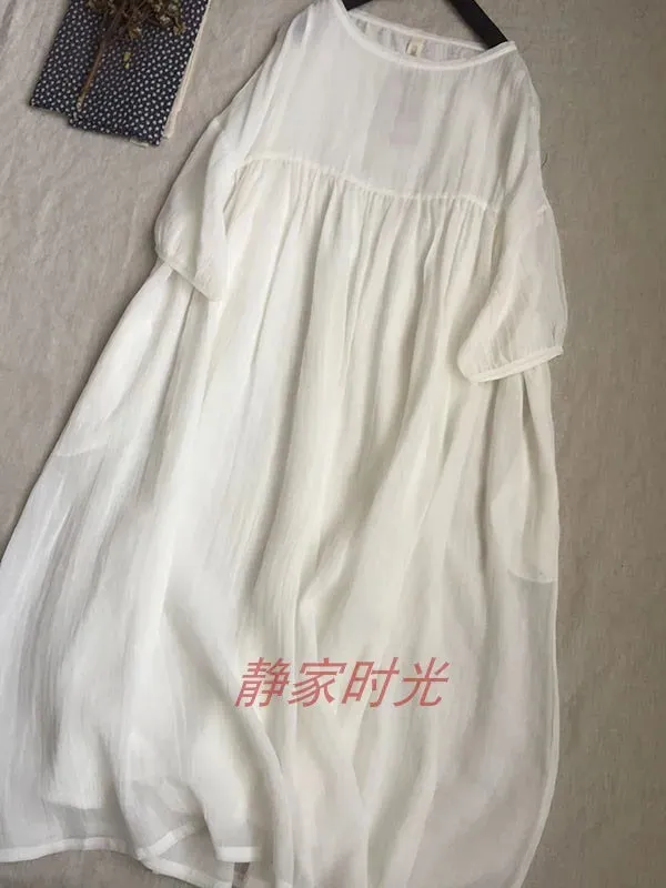 2024 Women Summer Cotton And Linen Pleated Double Layered Robe Casual Loose Half Sleeve Dress Ladies Holiday Clothes