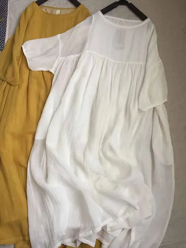 2024 Women Summer Cotton And Linen Pleated Double Layered Robe Casual Loose Half Sleeve Dress Ladies Holiday Clothes
