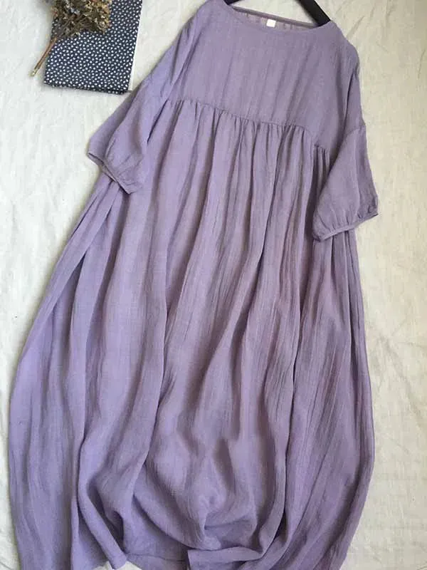 2024 Women Summer Cotton And Linen Pleated Double Layered Robe Casual Loose Half Sleeve Dress Ladies Holiday Clothes