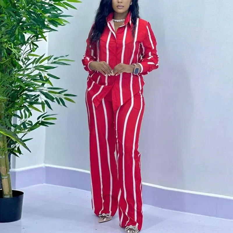 African Fashion Two Piece Set Striped Long Sleeve –  Button Shirt and Wide-Leg Pants for Chic Seasonal Style