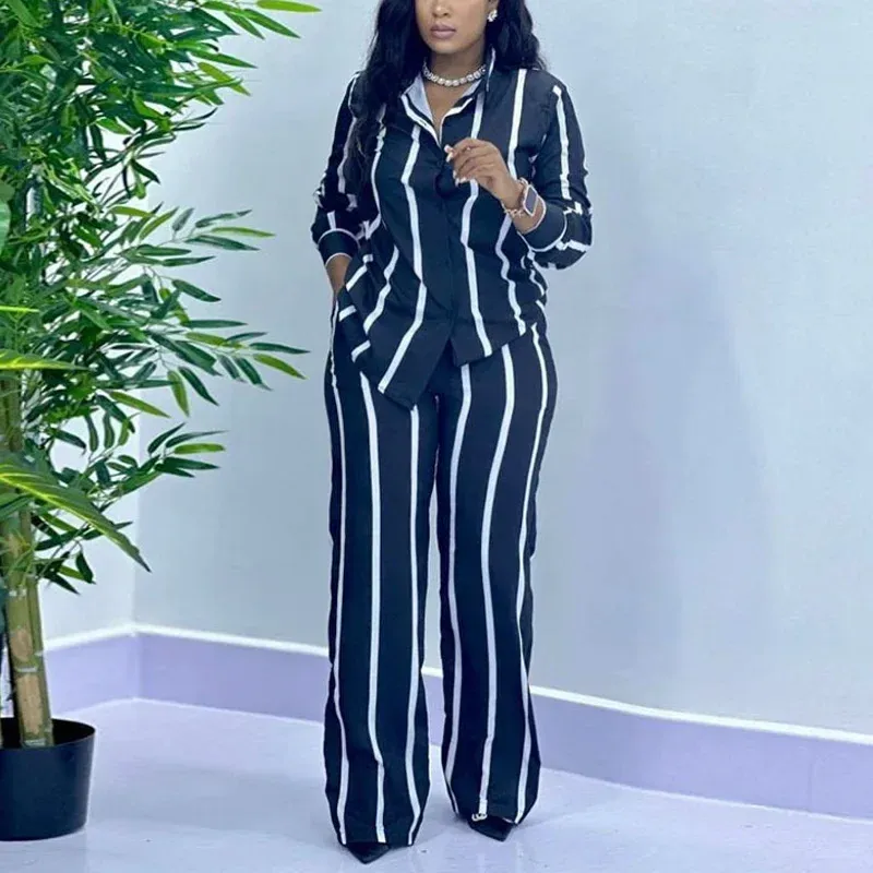 African Fashion Two Piece Set Striped Long Sleeve –  Button Shirt and Wide-Leg Pants for Chic Seasonal Style