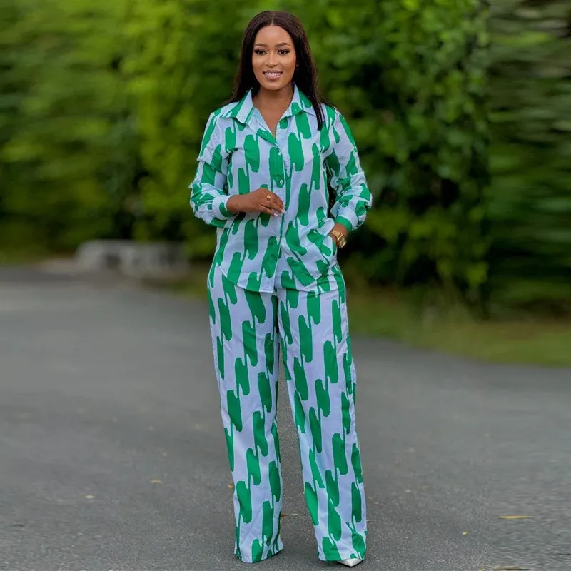African Fashion Two Piece Set Striped Long Sleeve –  Button Shirt and Wide-Leg Pants for Chic Seasonal Style