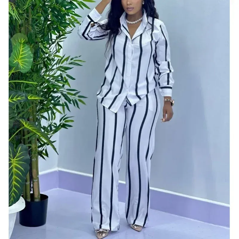 African Fashion Two Piece Set Striped Long Sleeve –  Button Shirt and Wide-Leg Pants for Chic Seasonal Style