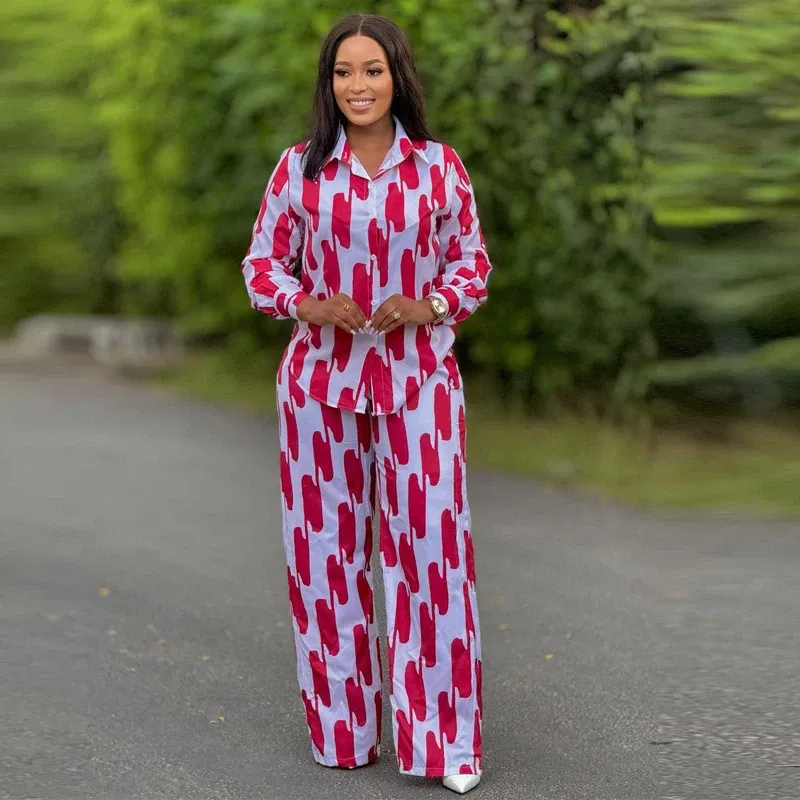 African Fashion Two Piece Set Striped Long Sleeve –  Button Shirt and Wide-Leg Pants for Chic Seasonal Style