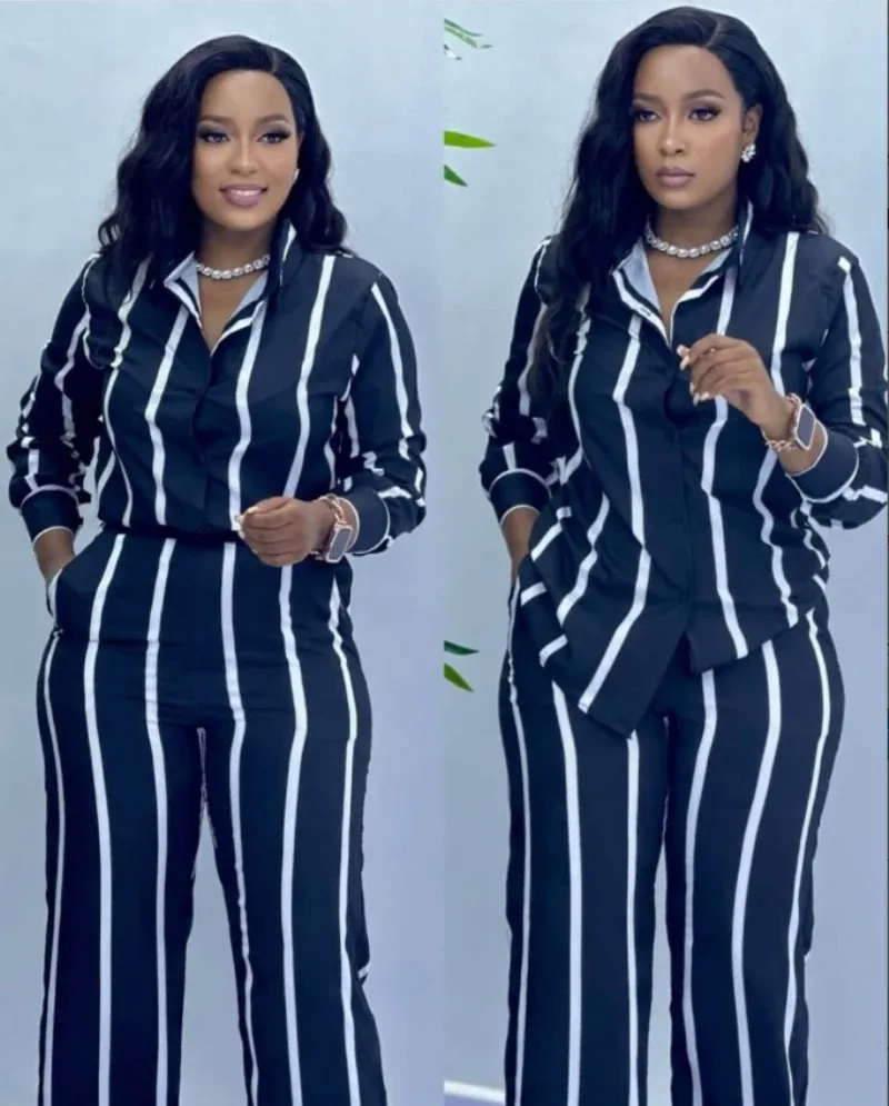 African Fashion Two Piece Set Striped Long Sleeve –  Button Shirt and Wide-Leg Pants for Chic Seasonal Style