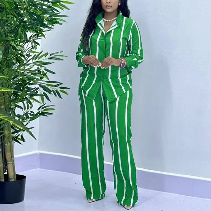 African Fashion Two Piece Set Striped Long Sleeve –  Button Shirt and Wide-Leg Pants for Chic Seasonal Style