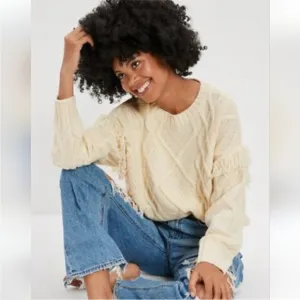 American Eagle Cream Fringe Detail Crewneck Cable Knit Sweater