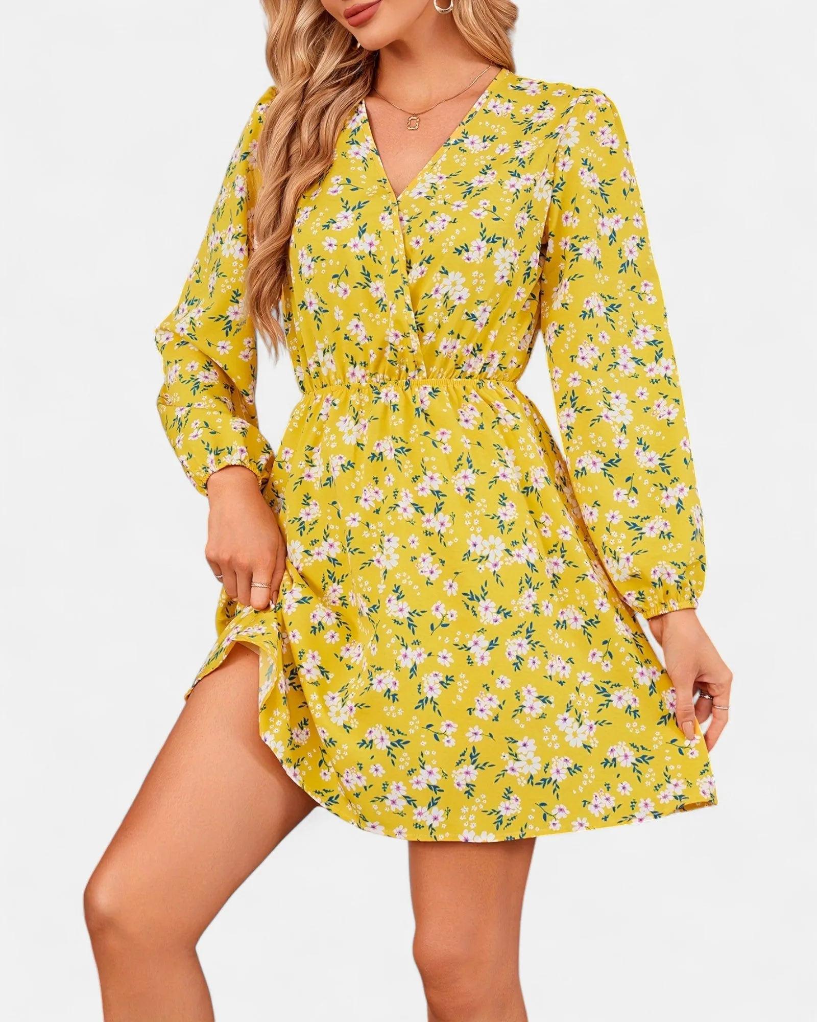 Annika – Elegant Floral Midi Dress with Lantern Sleeves