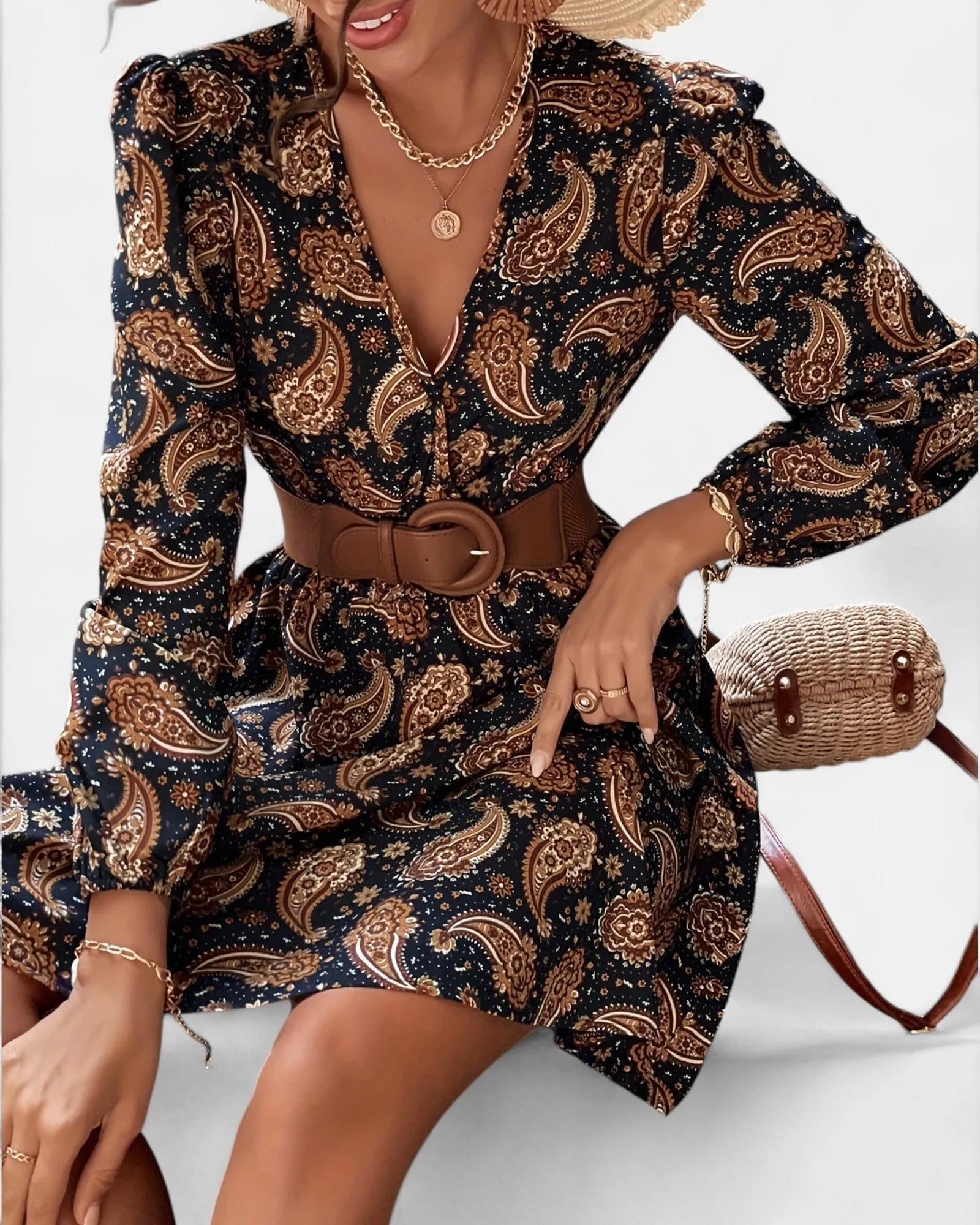 Annika – Elegant Floral Midi Dress with Lantern Sleeves