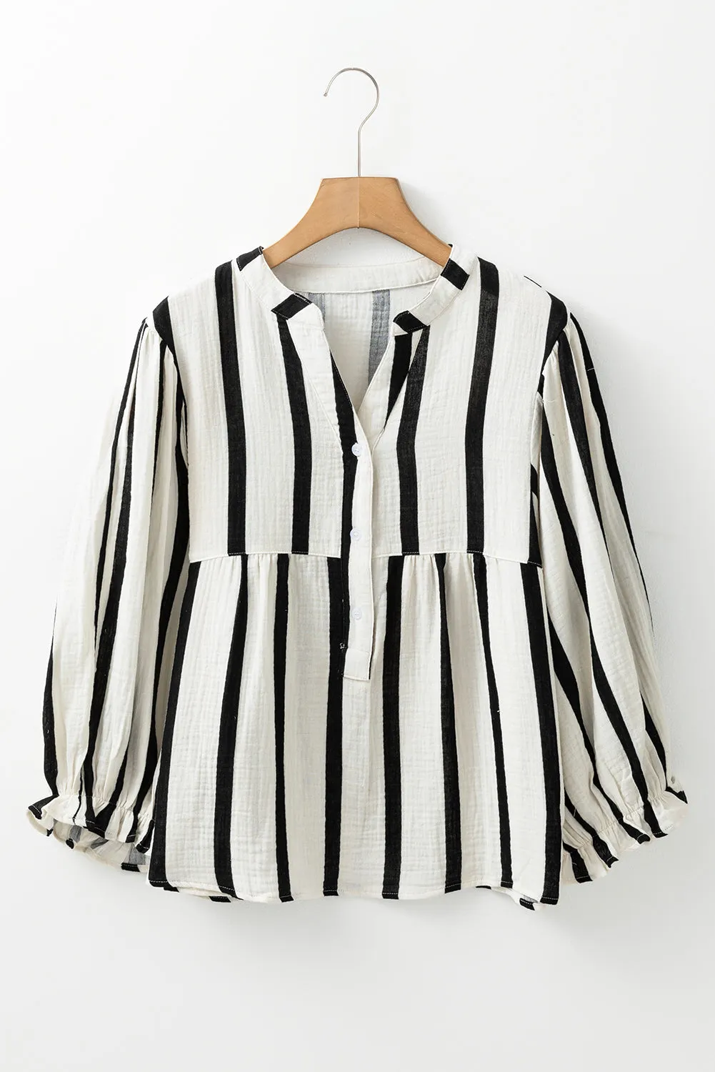 Black Striped Crinkled Gauze Ruffled Sleeve Button-Up Loose Shirt