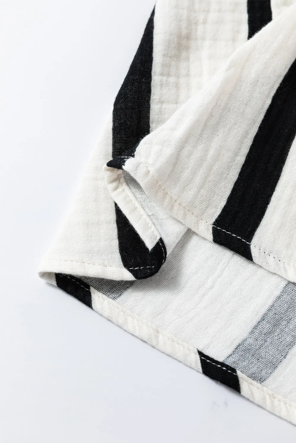 Black Striped Crinkled Gauze Ruffled Sleeve Button-Up Loose Shirt
