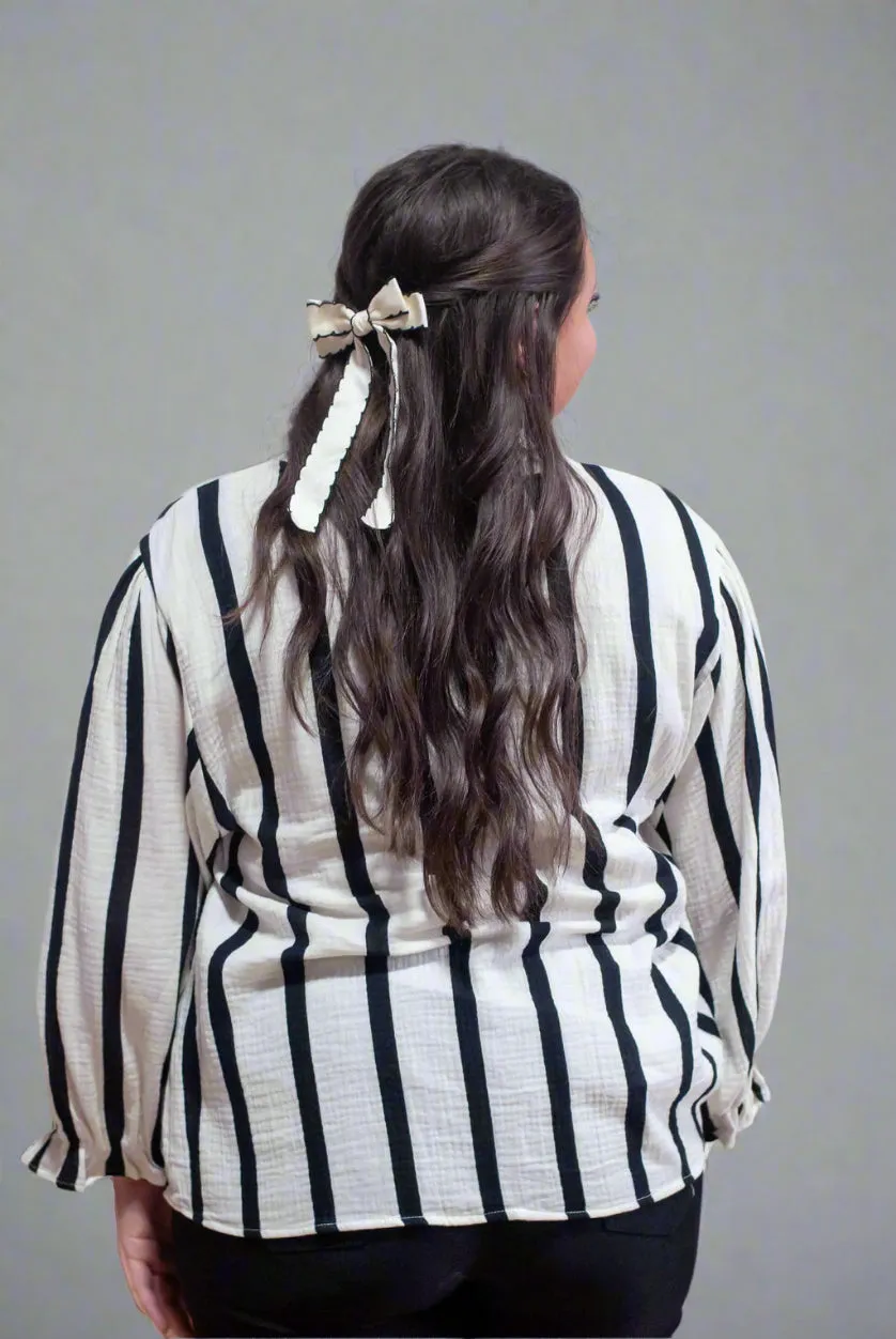 Black Striped Crinkled Gauze Ruffled Sleeve Button-Up Loose Shirt