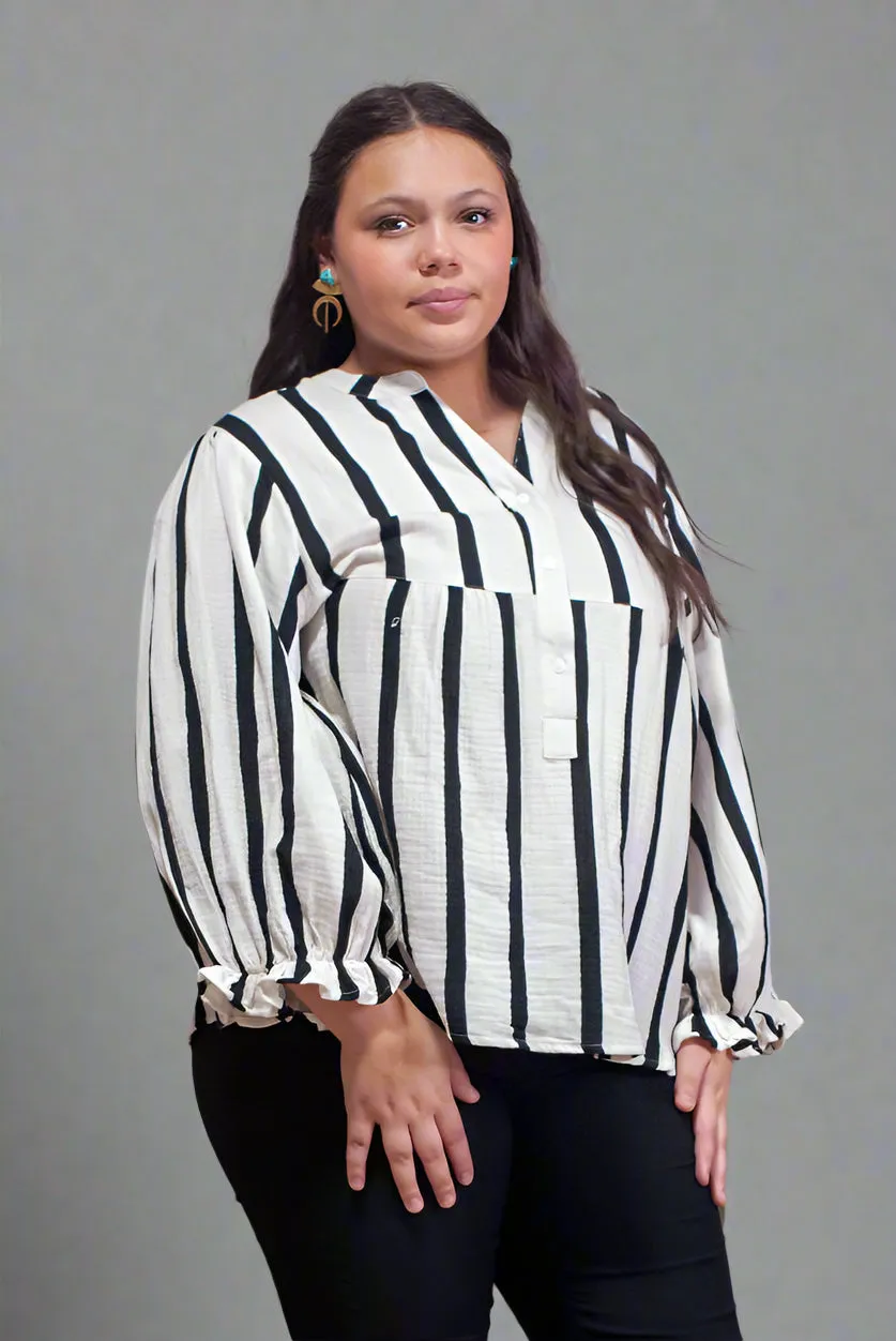 Black Striped Crinkled Gauze Ruffled Sleeve Button-Up Loose Shirt