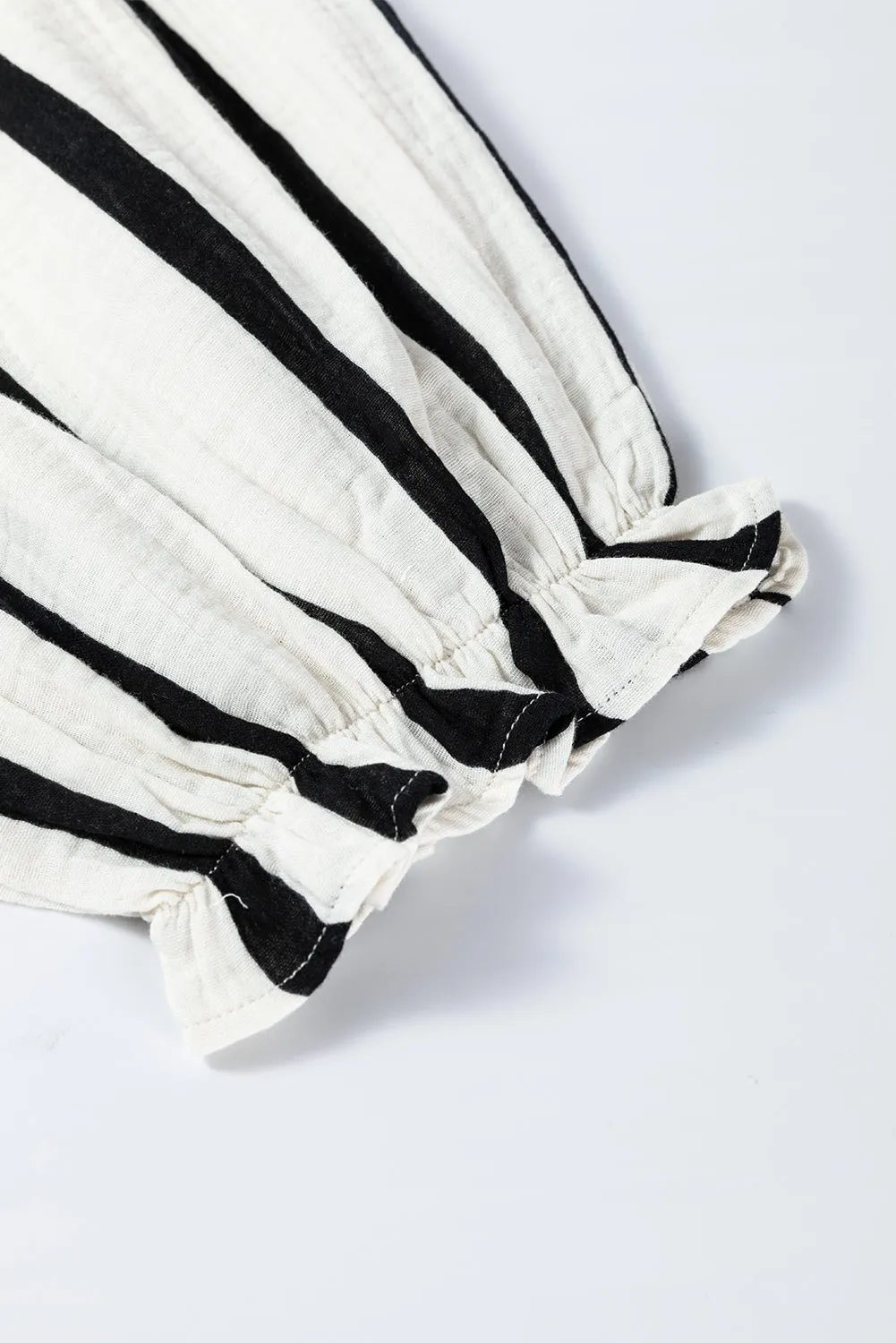 Black Striped Crinkled Gauze Ruffled Sleeve Button-Up Loose Shirt