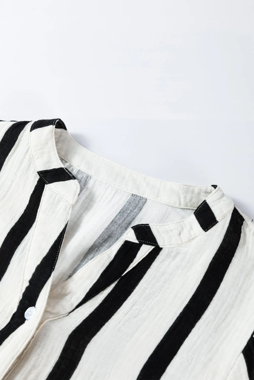 Black Striped Crinkled Gauze Ruffled Sleeve Button-Up Loose Shirt