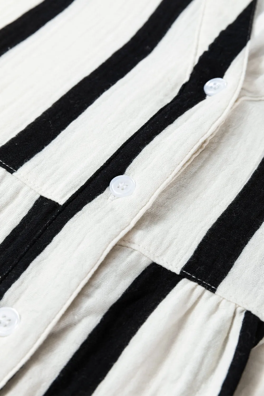 Black Striped Crinkled Gauze Ruffled Sleeve Button-Up Loose Shirt