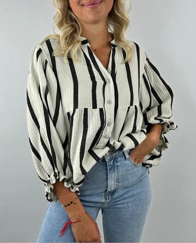 Black Striped Crinkled Gauze Ruffled Sleeve Button-Up Loose Shirt