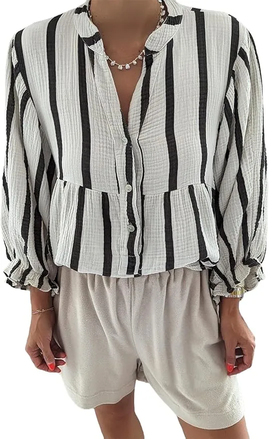 Black Striped Crinkled Gauze Ruffled Sleeve Button-Up Loose Shirt