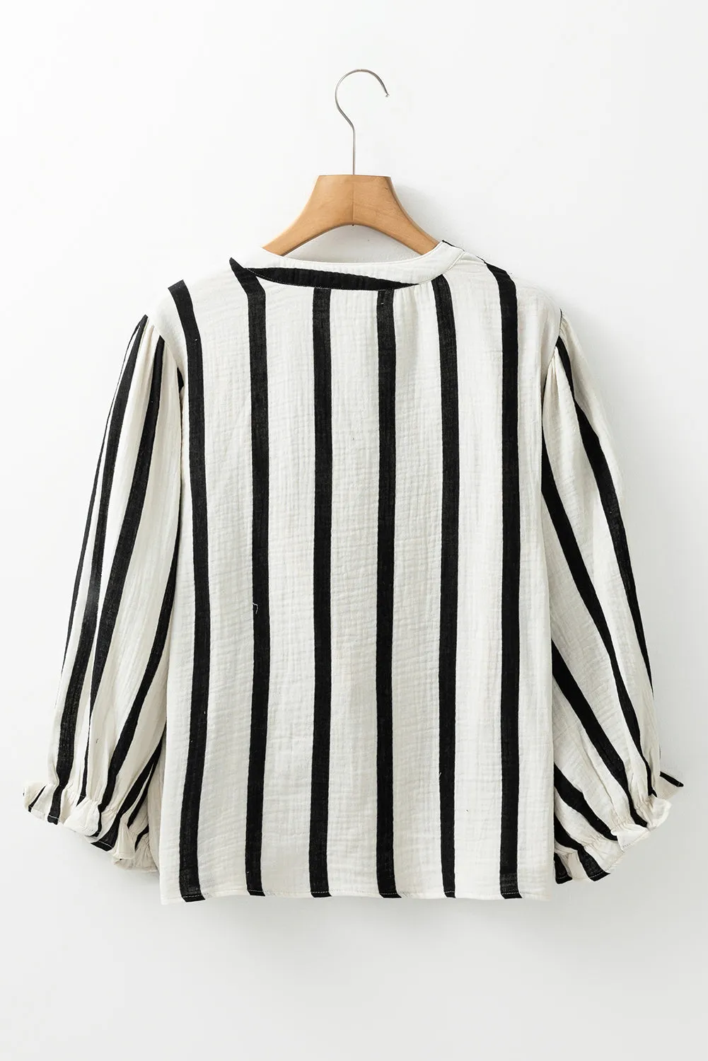 Black Striped Crinkled Gauze Ruffled Sleeve Button-Up Loose Shirt