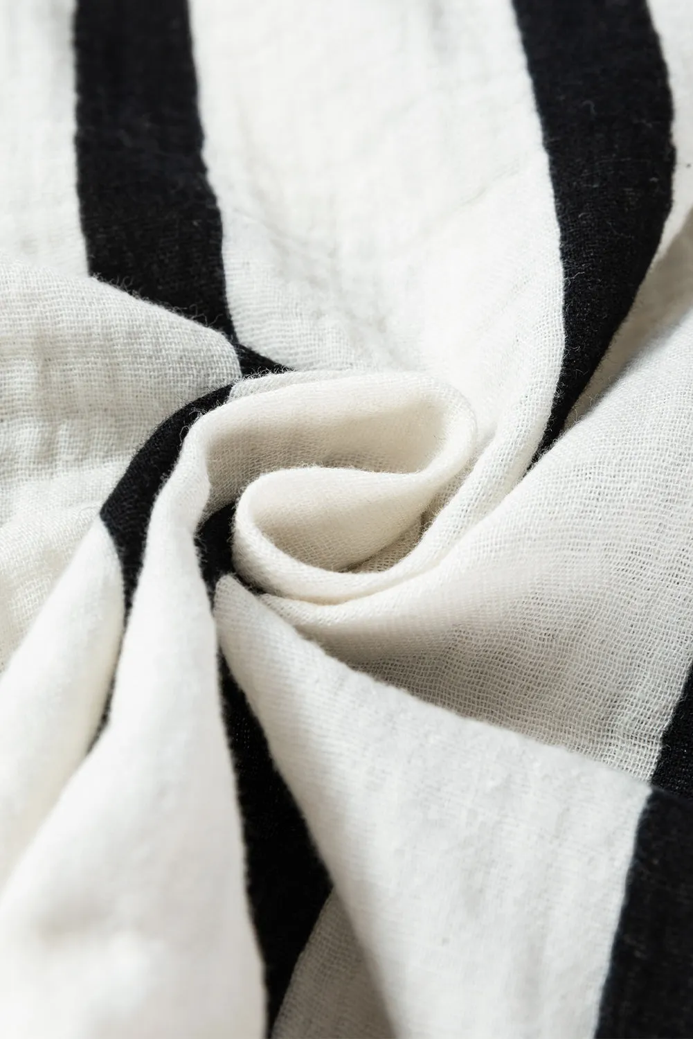 Black Striped Crinkled Gauze Ruffled Sleeve Button-Up Loose Shirt