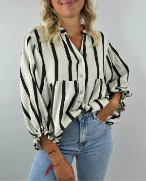 Black Striped Crinkled Gauze Ruffled Sleeve Button-Up Loose Shirt