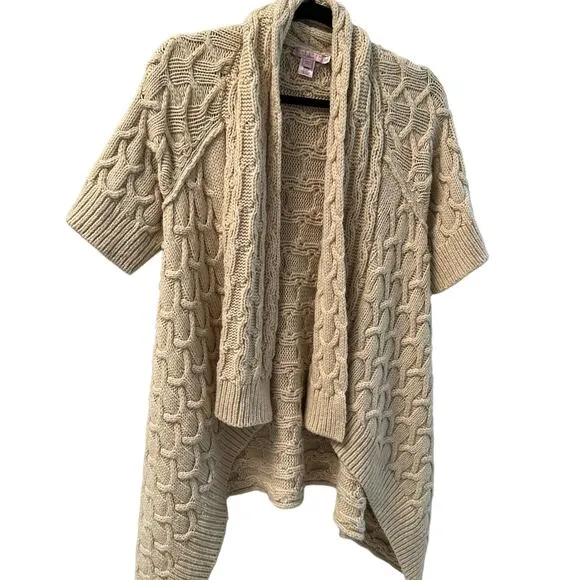 Calypso St. Barth Cable Knit Open Cardigan Short Sleeve Wool Wrap Sweater Tan