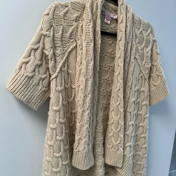 Calypso St. Barth Cable Knit Open Cardigan Short Sleeve Wool Wrap Sweater Tan