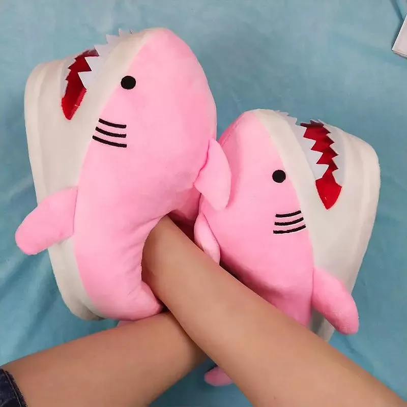 Cartoon Shark Fish Slippers Fur Slides Women's Winter House Shoes