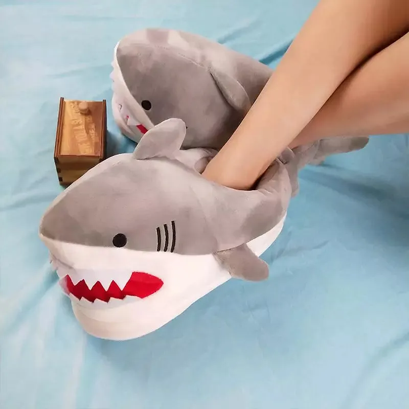 Cartoon Shark Fish Slippers Fur Slides Women's Winter House Shoes