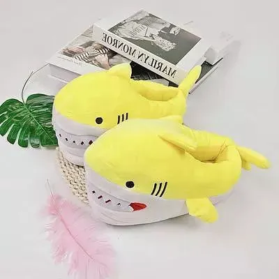 Cartoon Shark Fish Slippers Fur Slides Women's Winter House Shoes