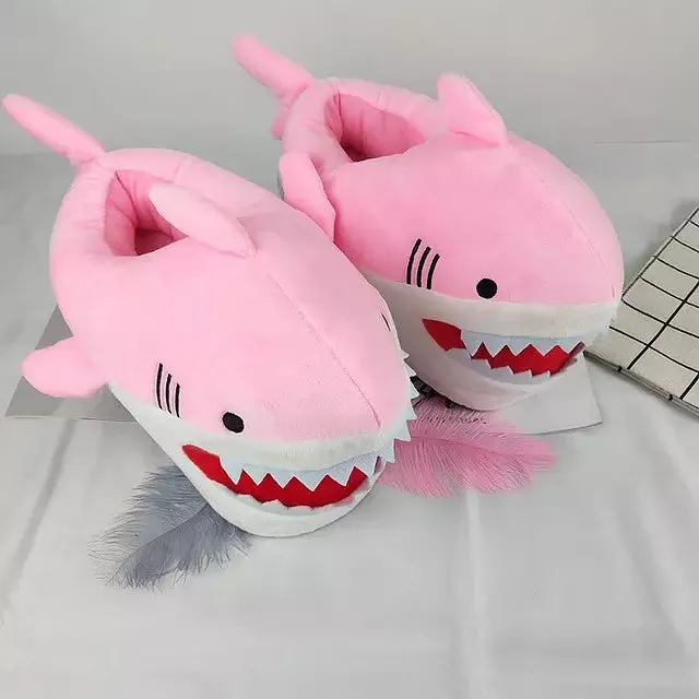 Cartoon Shark Fish Slippers Fur Slides Women's Winter House Shoes