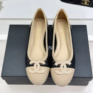CC 25P Hollow Double C Ballet Flats 15mm Beige Black Raffia 265640