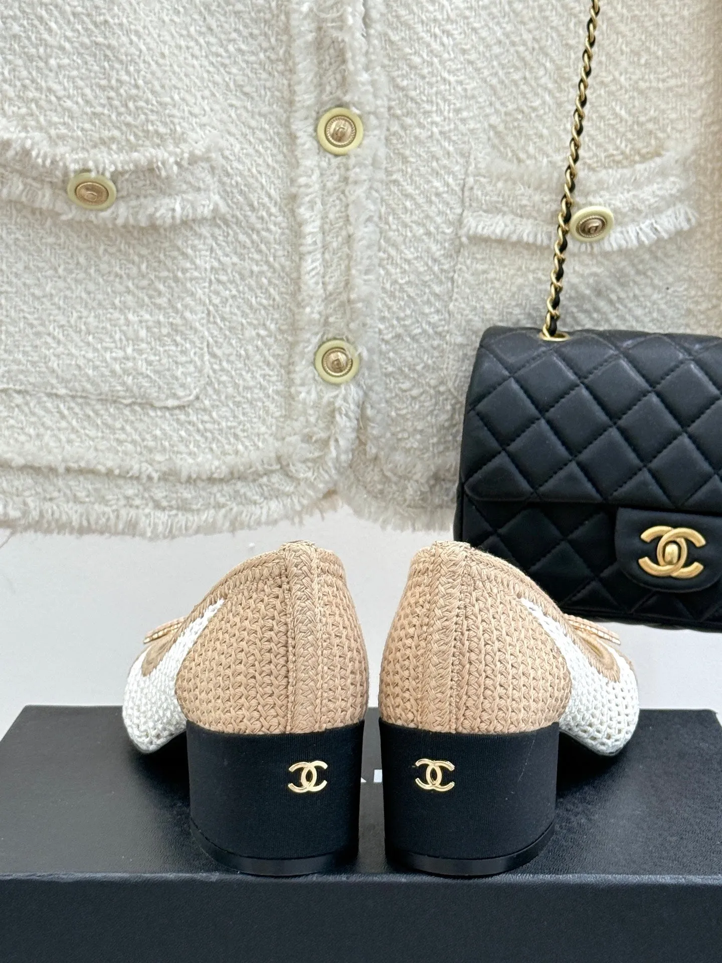 CC 25P Hollow Double C Ballet Flats 50mm Beige White Raffia 265637