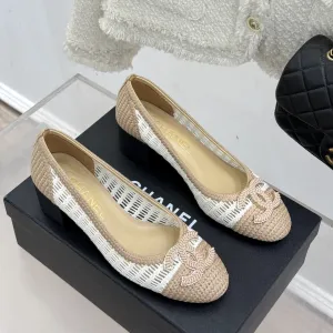 CC 25P Hollow Double C Ballet Flats 50mm Beige White Raffia 265637