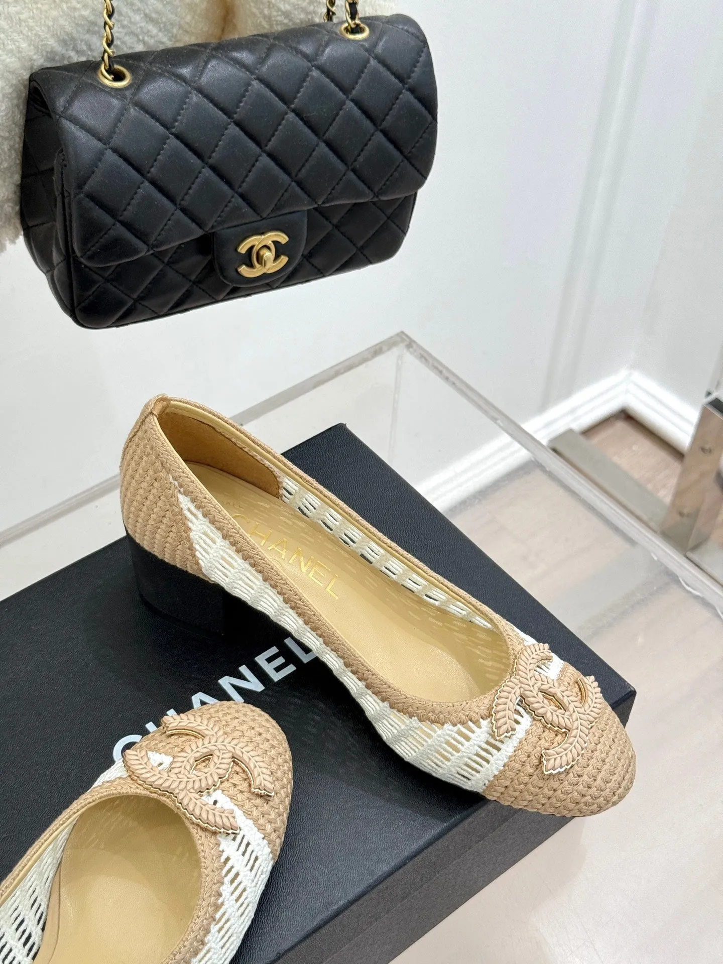 CC 25P Hollow Double C Ballet Flats 50mm Beige White Raffia 265637