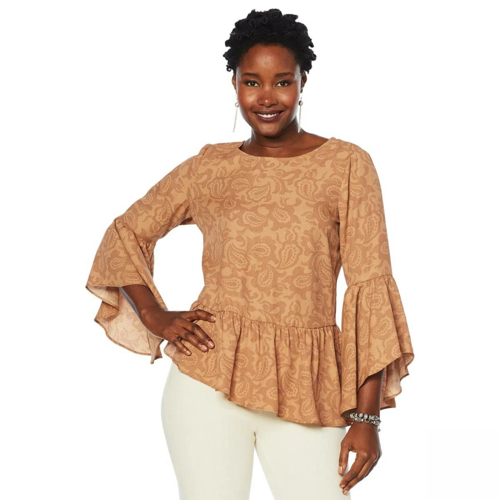 DG2 by Diane Gilman Women's Flare Sleeve Printed Peplum Top