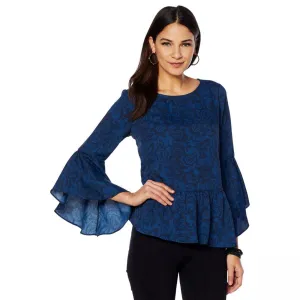 DG2 by Diane Gilman Women's Flare Sleeve Printed Peplum Top