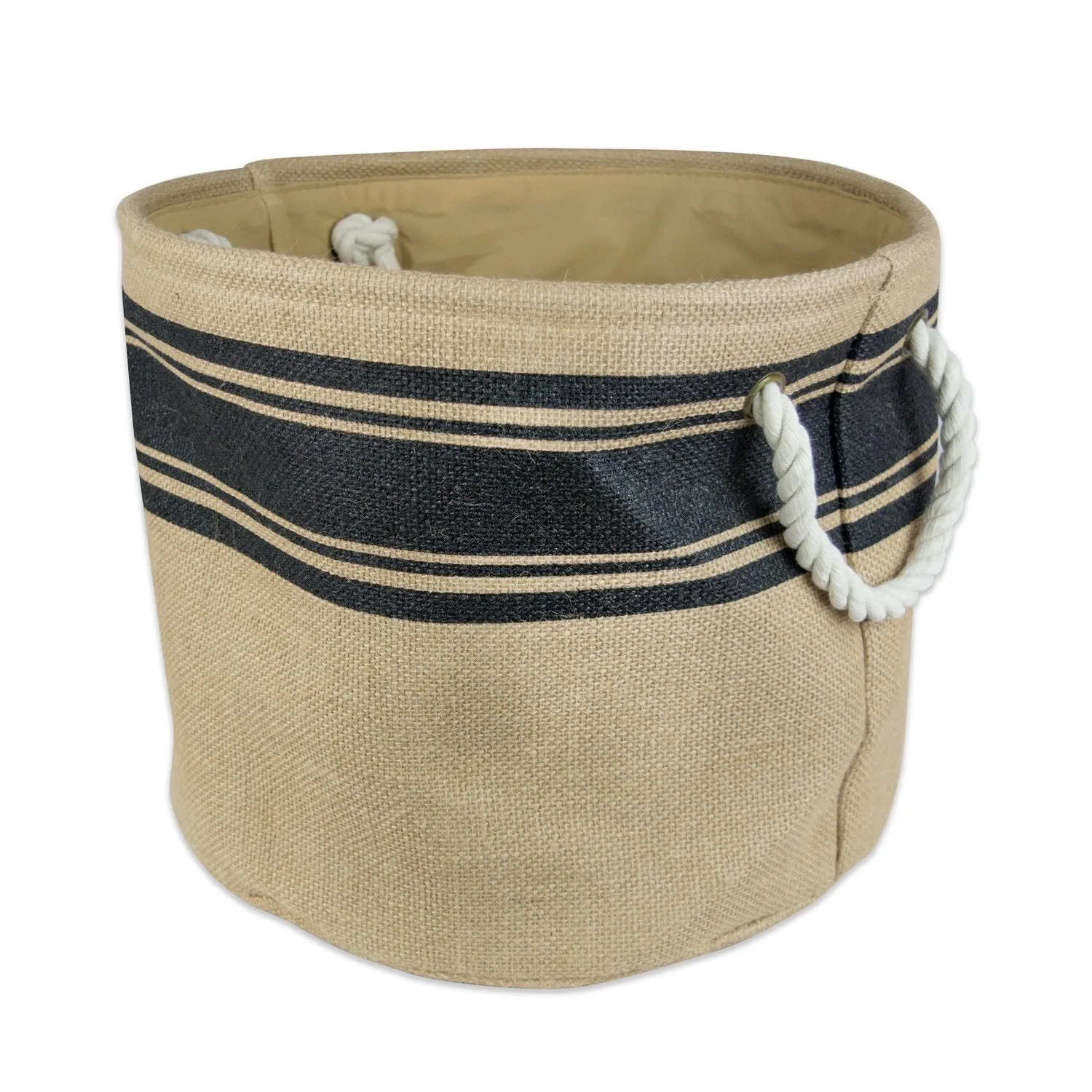 DII Collapsible Burlap Storage Basket or Bin with Durable Cotton Handles, Home Organizational Solution for Office, Bedroom, Closet, Toys, & Laundry (Large Round - 16x15”), Black Border