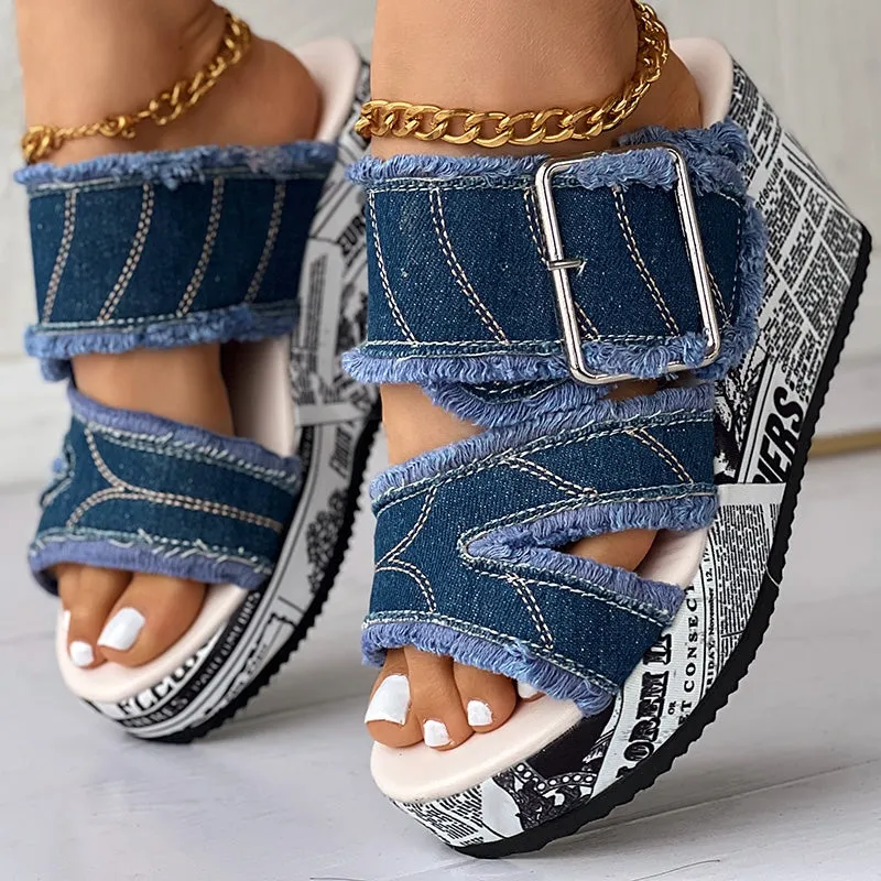 Fashion Buckle Denim Wedge Slippers Sandals