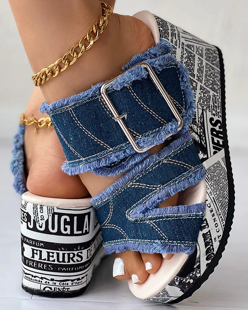 Fashion Buckle Denim Wedge Slippers Sandals