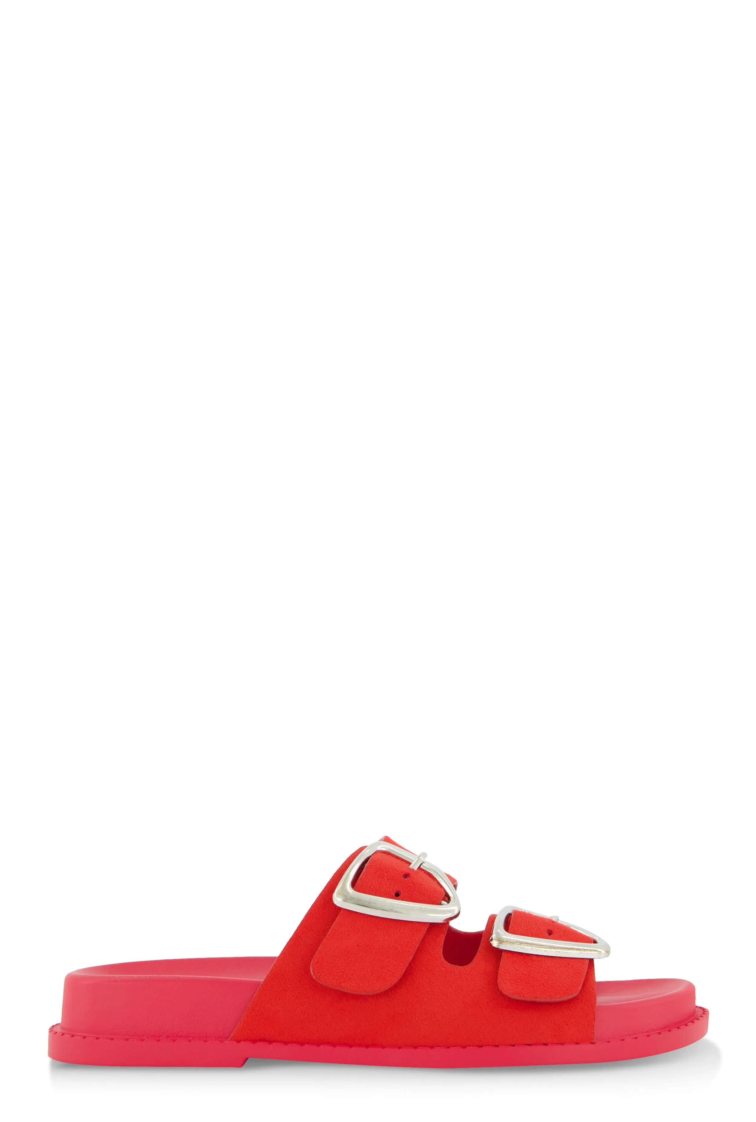 Faux Suede Double Buckle Band Slide Sandals