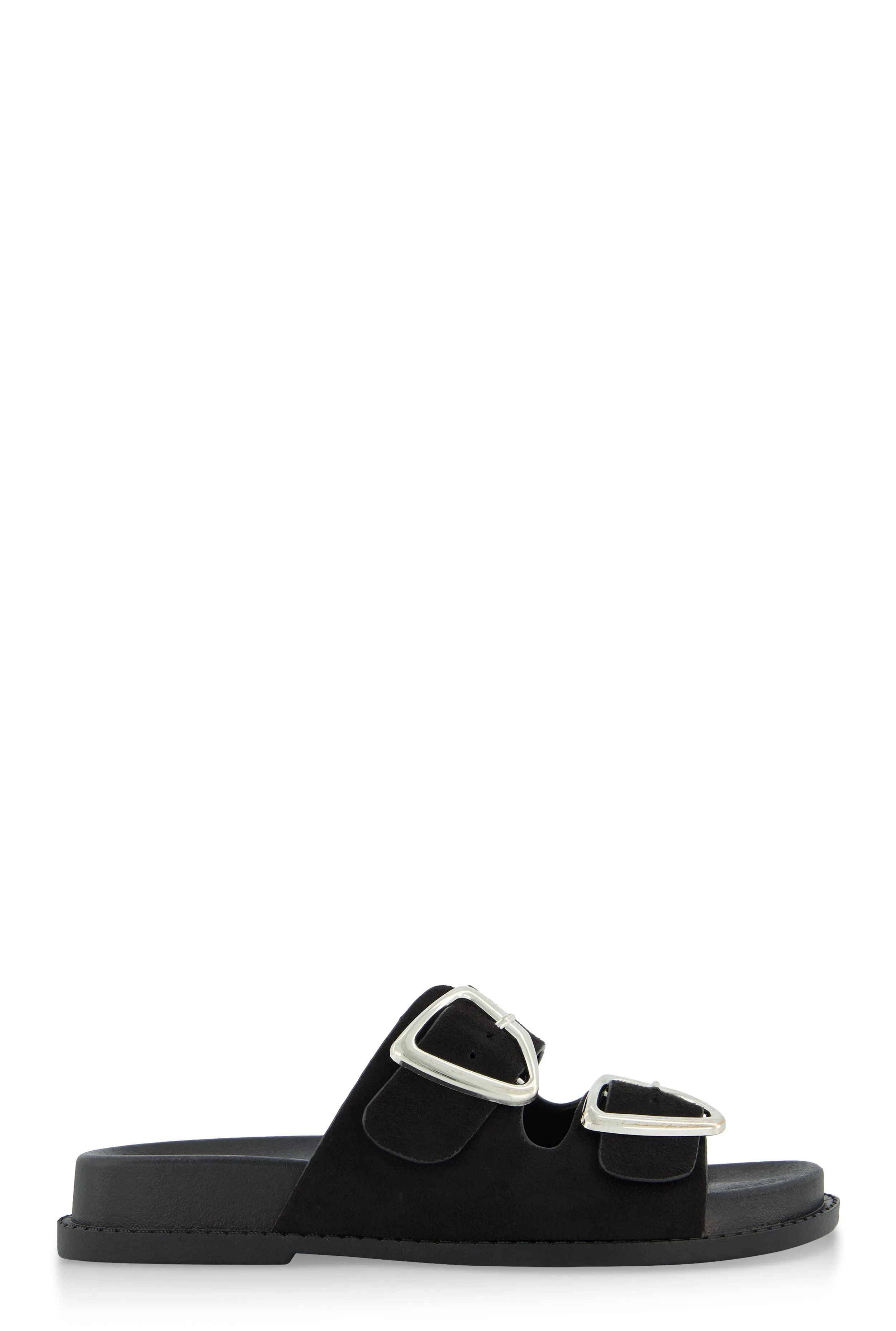 Faux Suede Double Buckle Band Slide Sandals