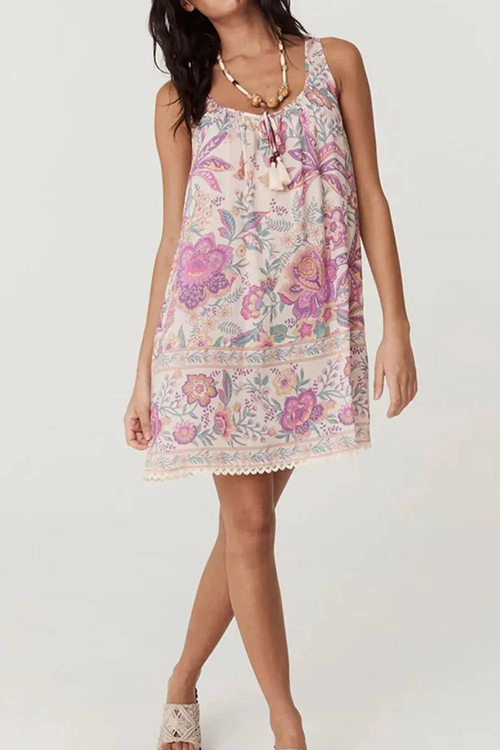 Floral Tie Neck Mini Dress – Sleeveless & Breezy