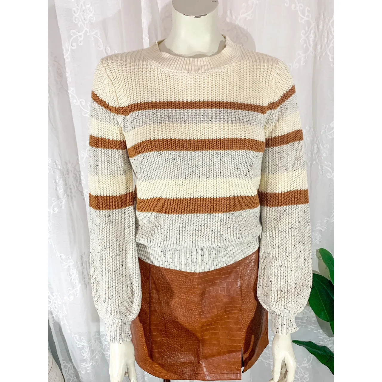 Give Me All Cozy Striped Knit Sweater - Cream Camel