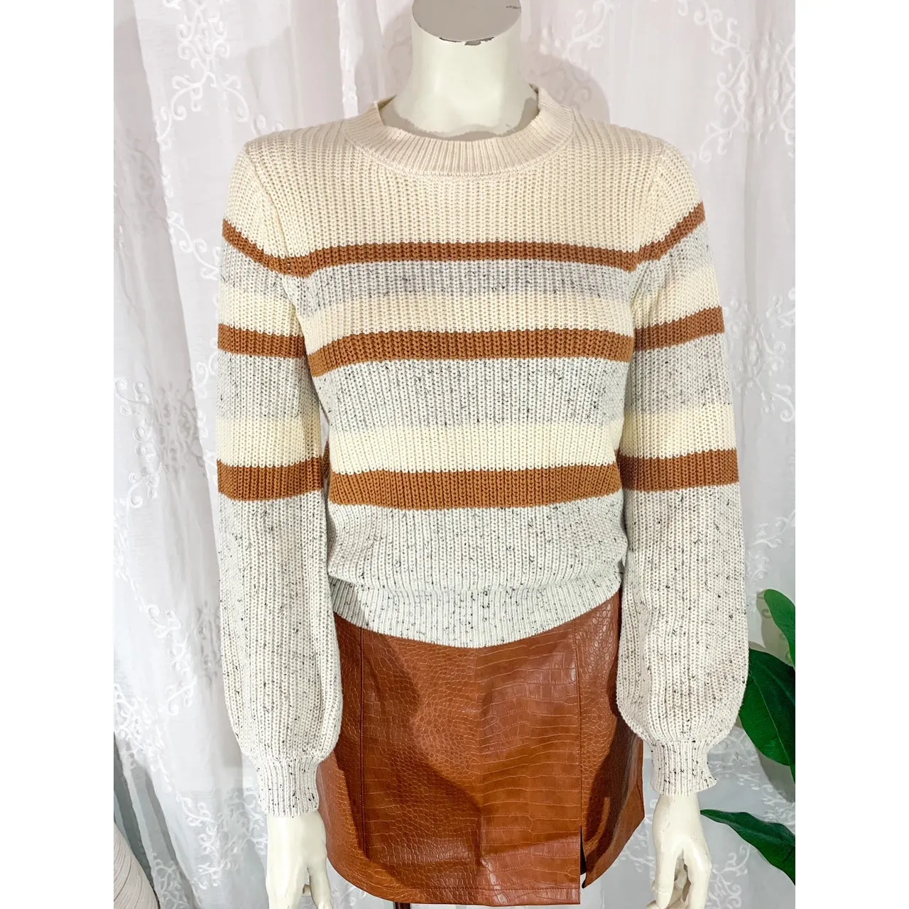 Give Me All Cozy Striped Knit Sweater - Cream Camel