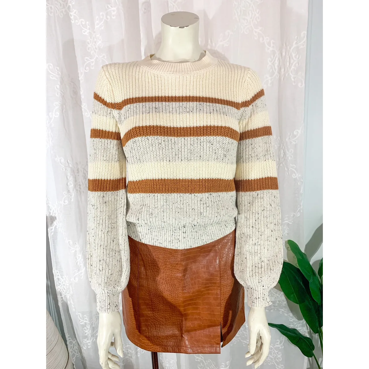 Give Me All Cozy Striped Knit Sweater - Cream Camel